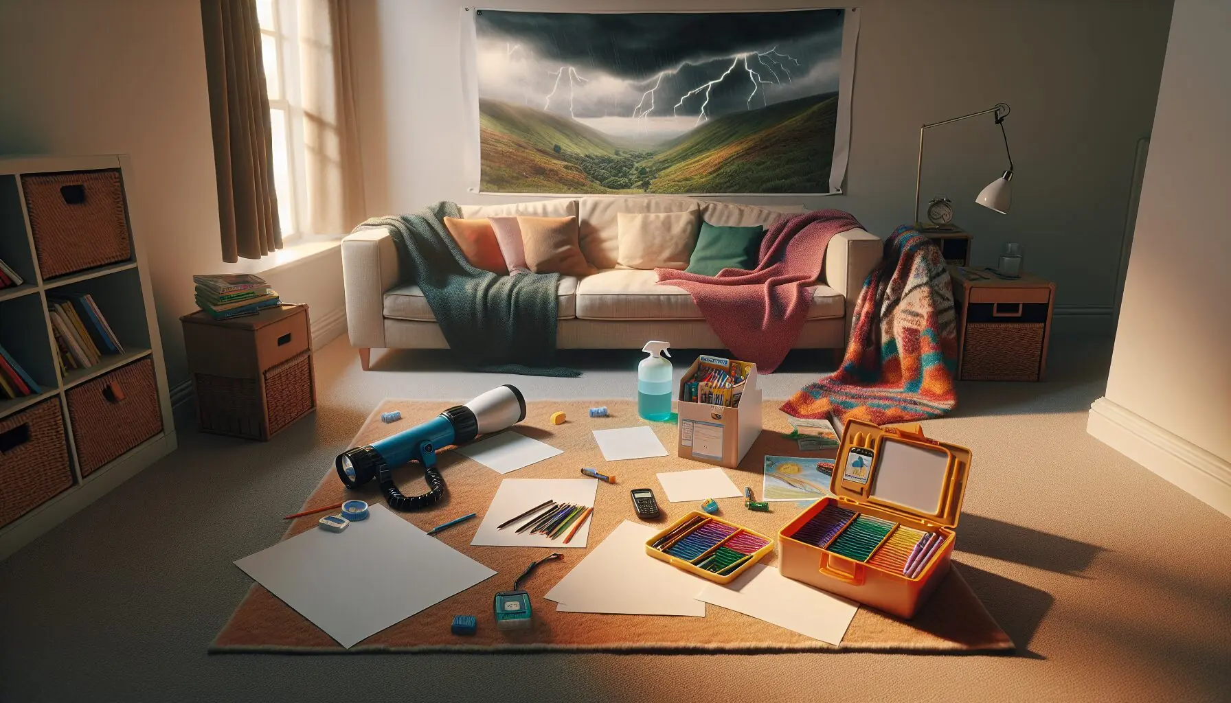 Generate a cozy storytelling nook with colorful blankets and story props like a flashlight and spray bottle.