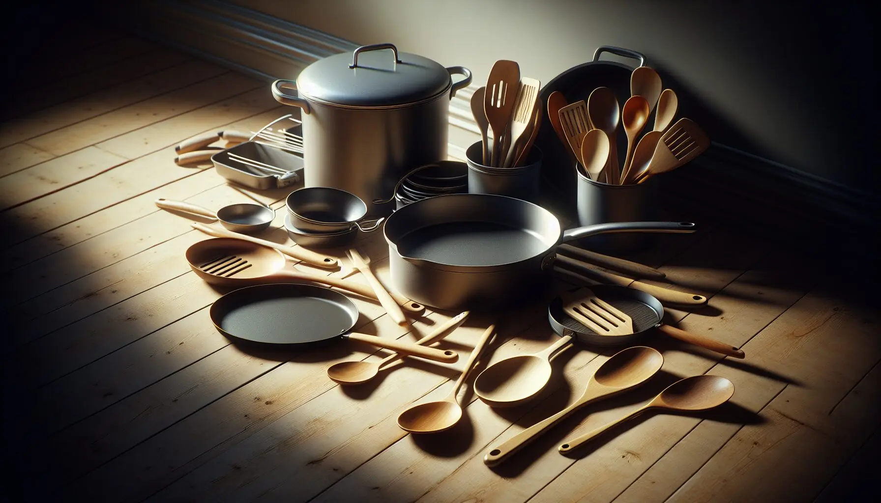 Generate an image of a variety of kitchen items like pots, pans, and wooden spoons laid out on a wooden floor.