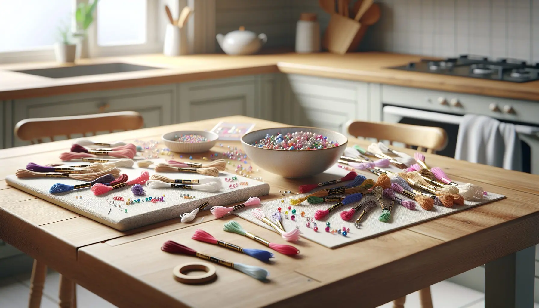 Generate an image of colorful embroidery floss and beads on a wooden table.