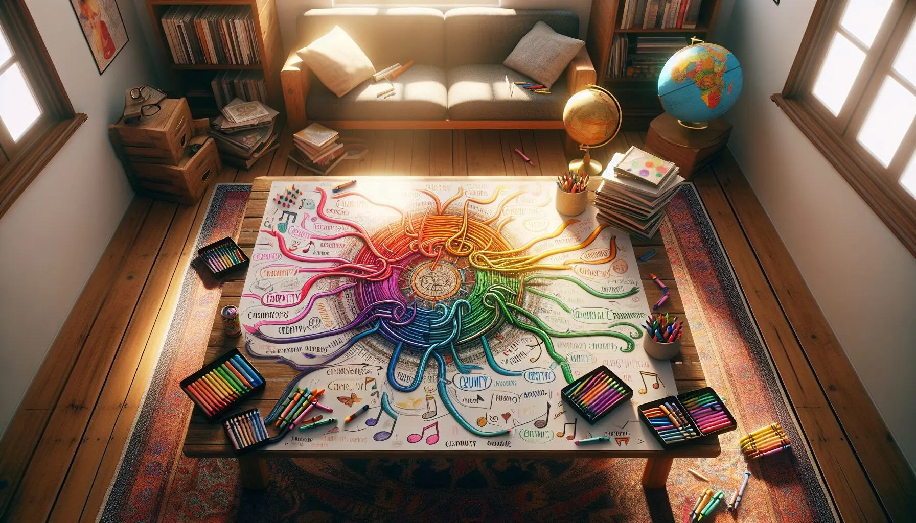 Design an image of a colorful mind map with music notes branching out into words like "Empathy", "Creativity", and "Cultural Awareness".