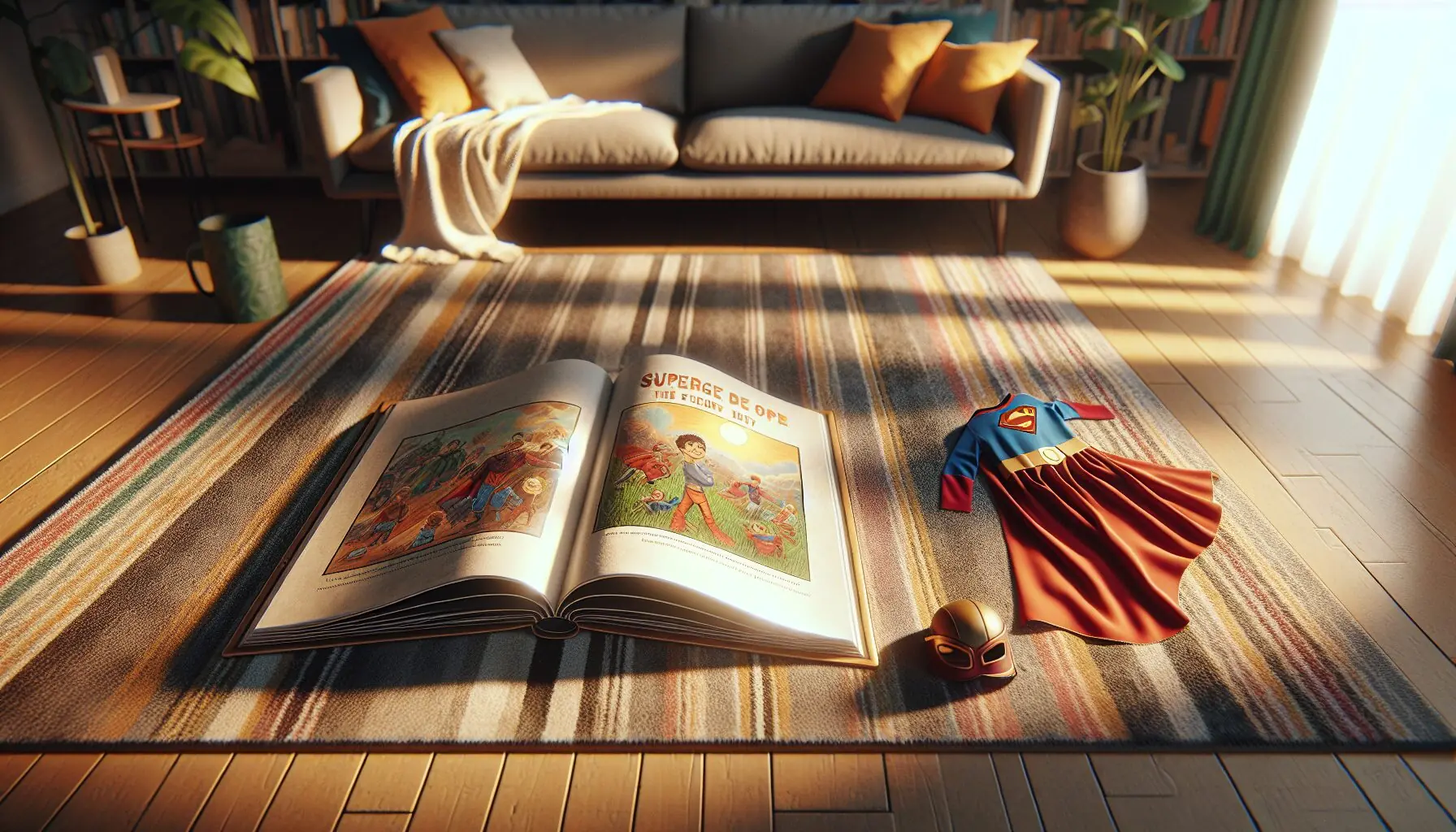 Generate an image of an open storybook with colorful illustrations and a child-sized superhero cape and hat beside it.