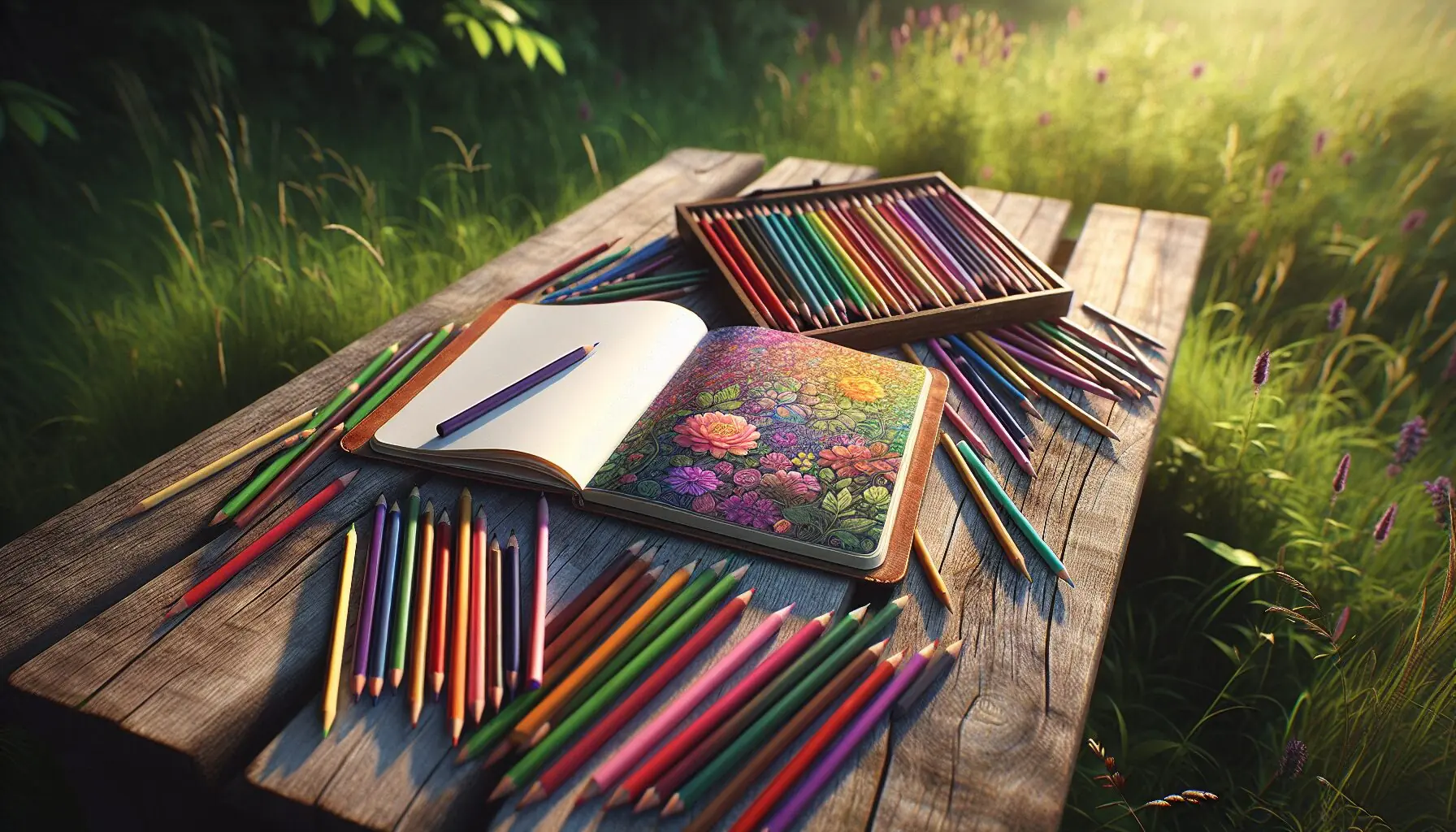Generate an image of a child's hands holding a colorful notebook and sketchpad in a park setting.