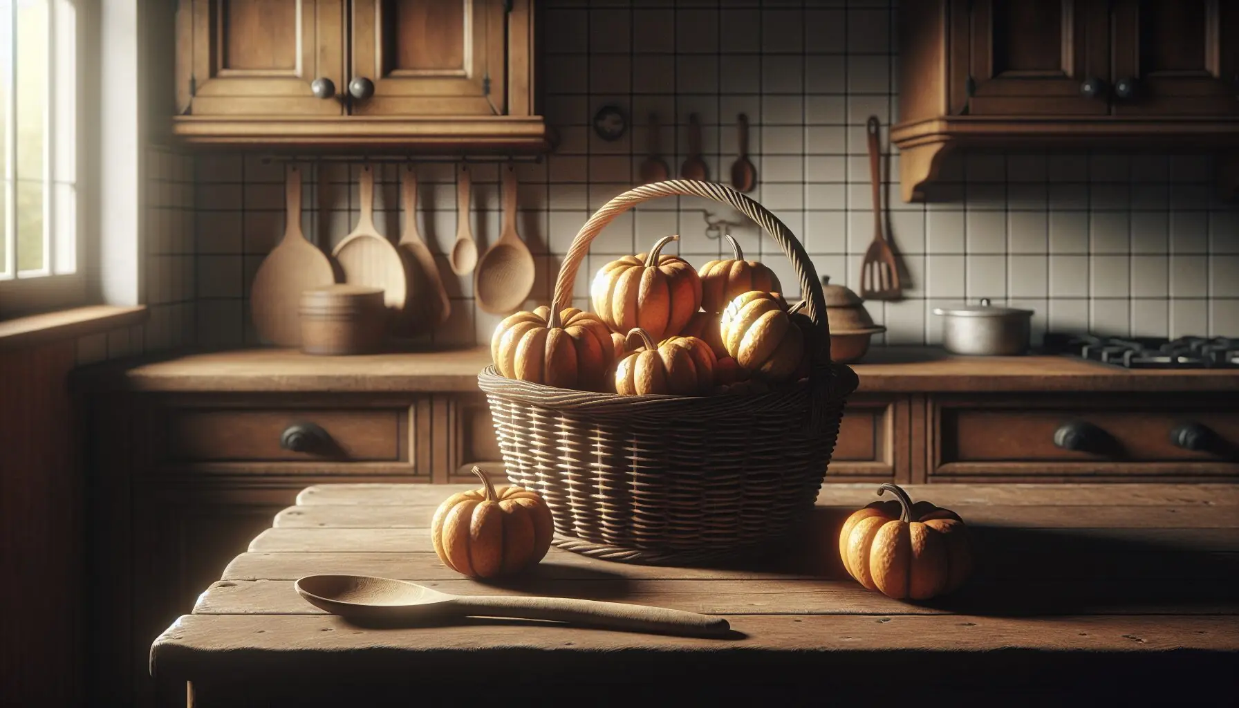 Generate an image of a cozy kitchen with a basket of fresh pumpkins and a wooden cooking spoon.