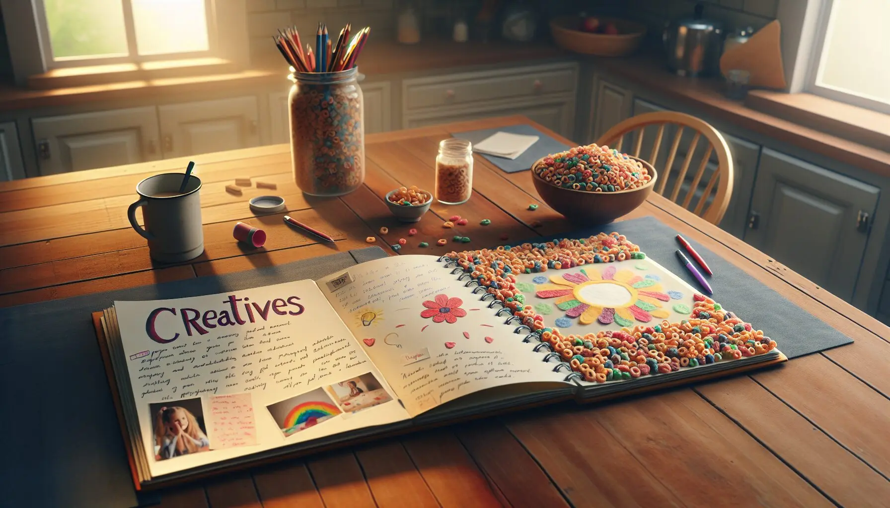 Generate an image of a scrapbook where parents jot down creative ideas and child's cereal pattern artwork.
