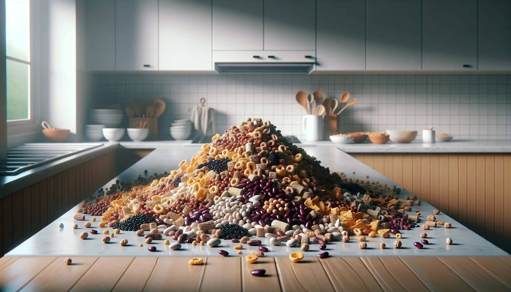 Generate an image of a colorful assortment of cereal and beans on a kitchen countertop.