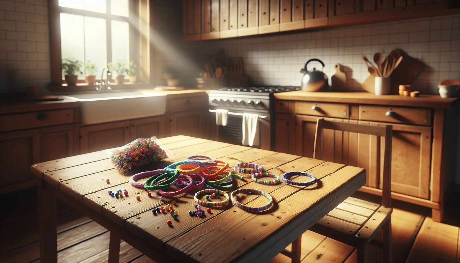 Illustrate an image of a child’s hand holding completed friendship bracelets beside a few colorful, loose beads.