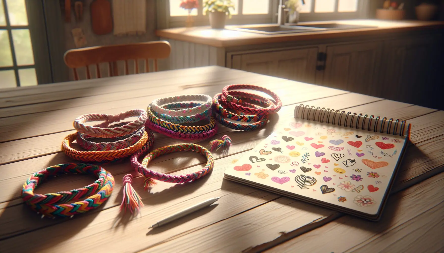 Design an image showing several braided bracelets lying next to a notepad, with doodles of hearts and smiley faces.
