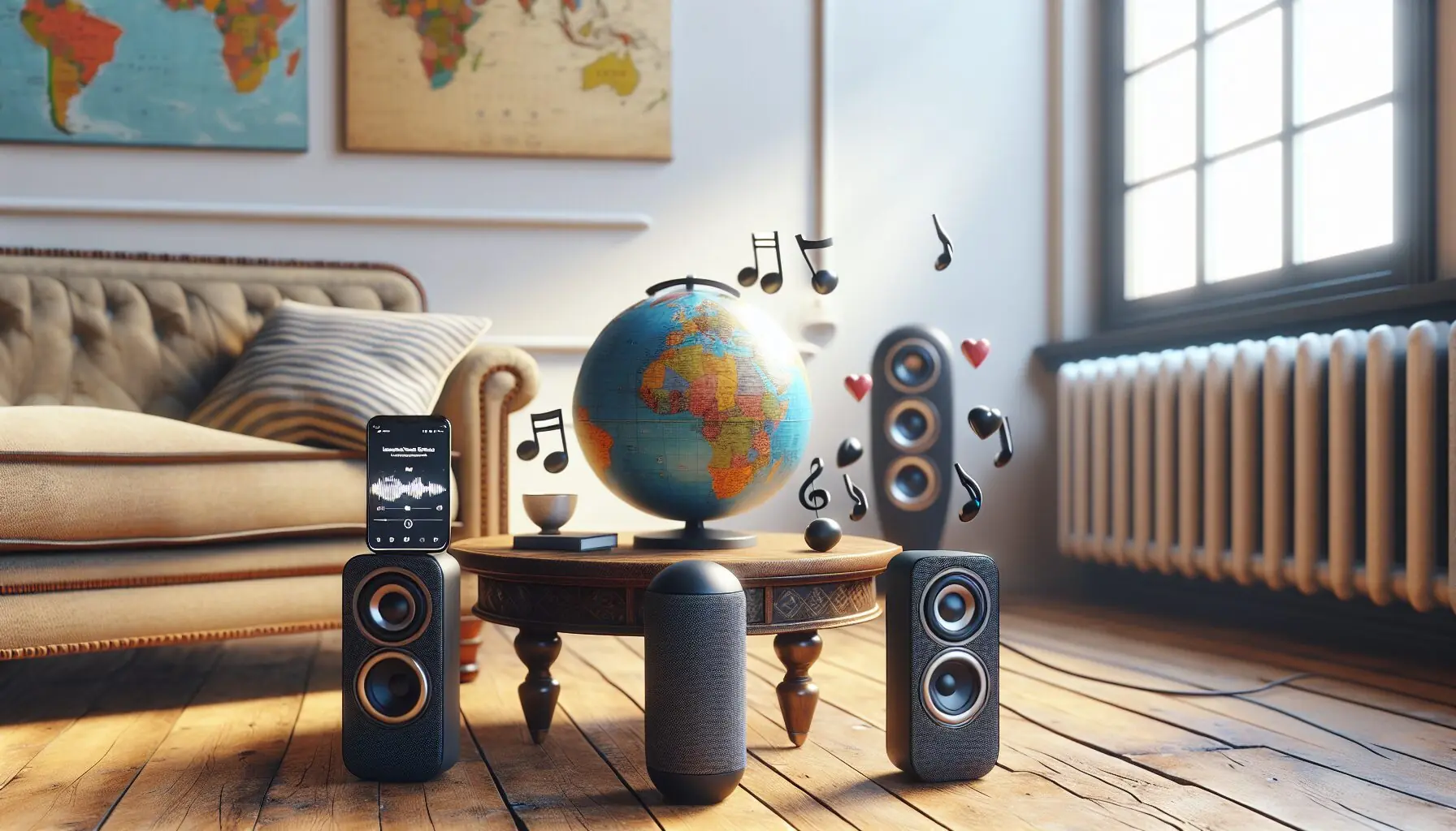 Create an illustration of a cozy living room with speakers, a map on the wall, and heart symbols around musical notes.