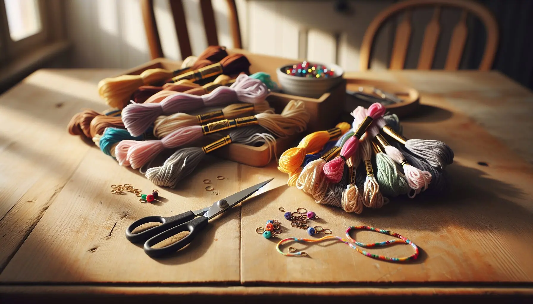 Create an image showing a small pair of scissors and strands of braided embroidery floss.