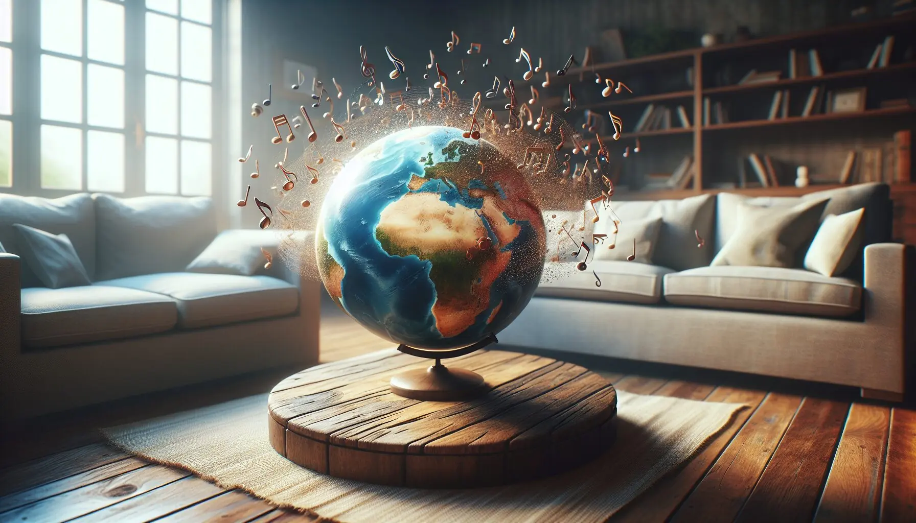Generate an image of a world globe surrounded by musical notes floating around it.