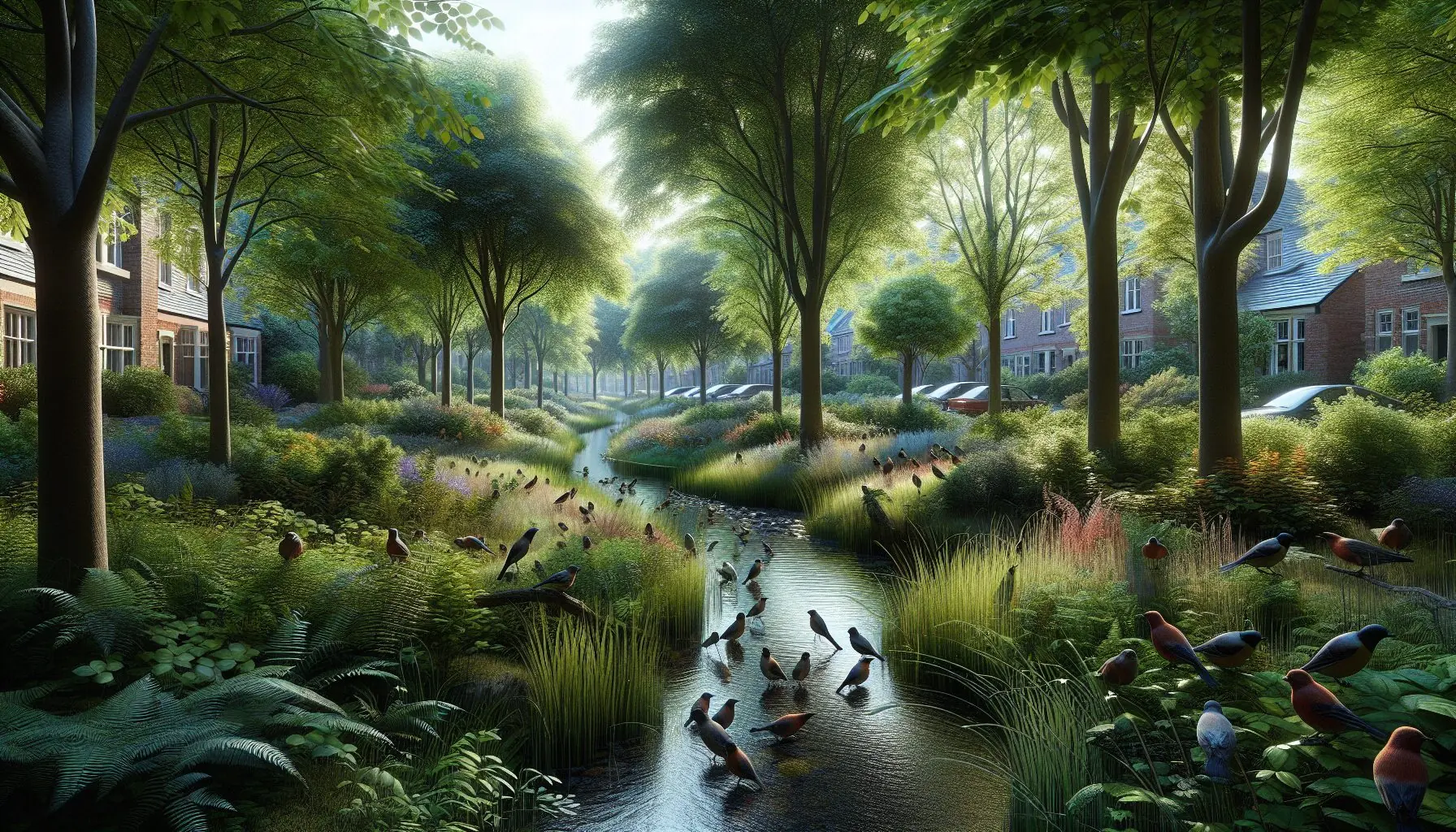 Generate an image of a neighborhood filled with trees, birds, and gentle streams that symbolize various sounds.