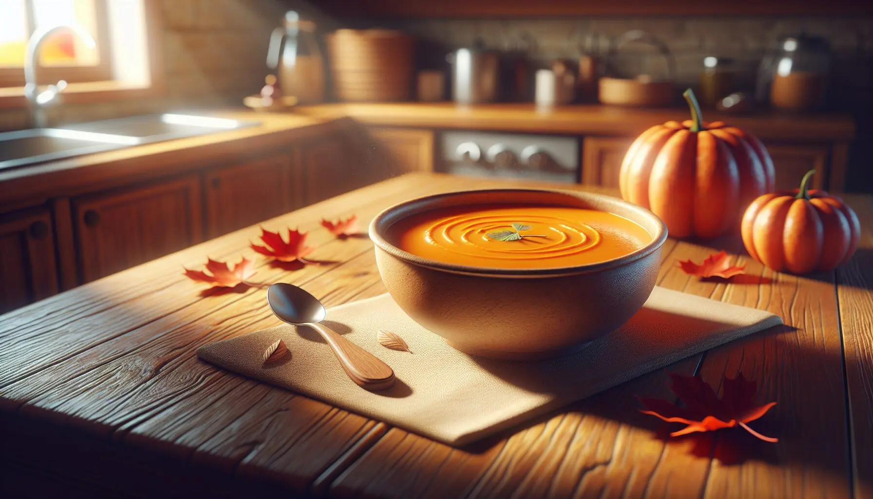 Design an image of a steaming bowl of pumpkin soup with autumn leaves decorating the table.