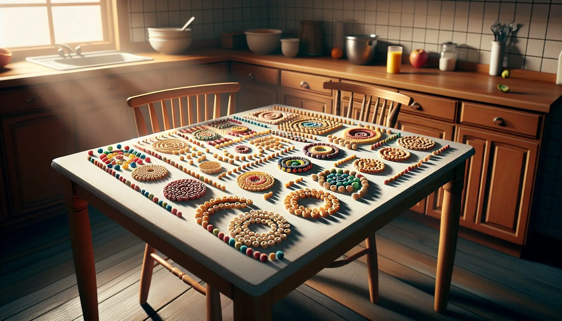 Generate an image showing cereal arranged in fun, repeating patterns on a table.