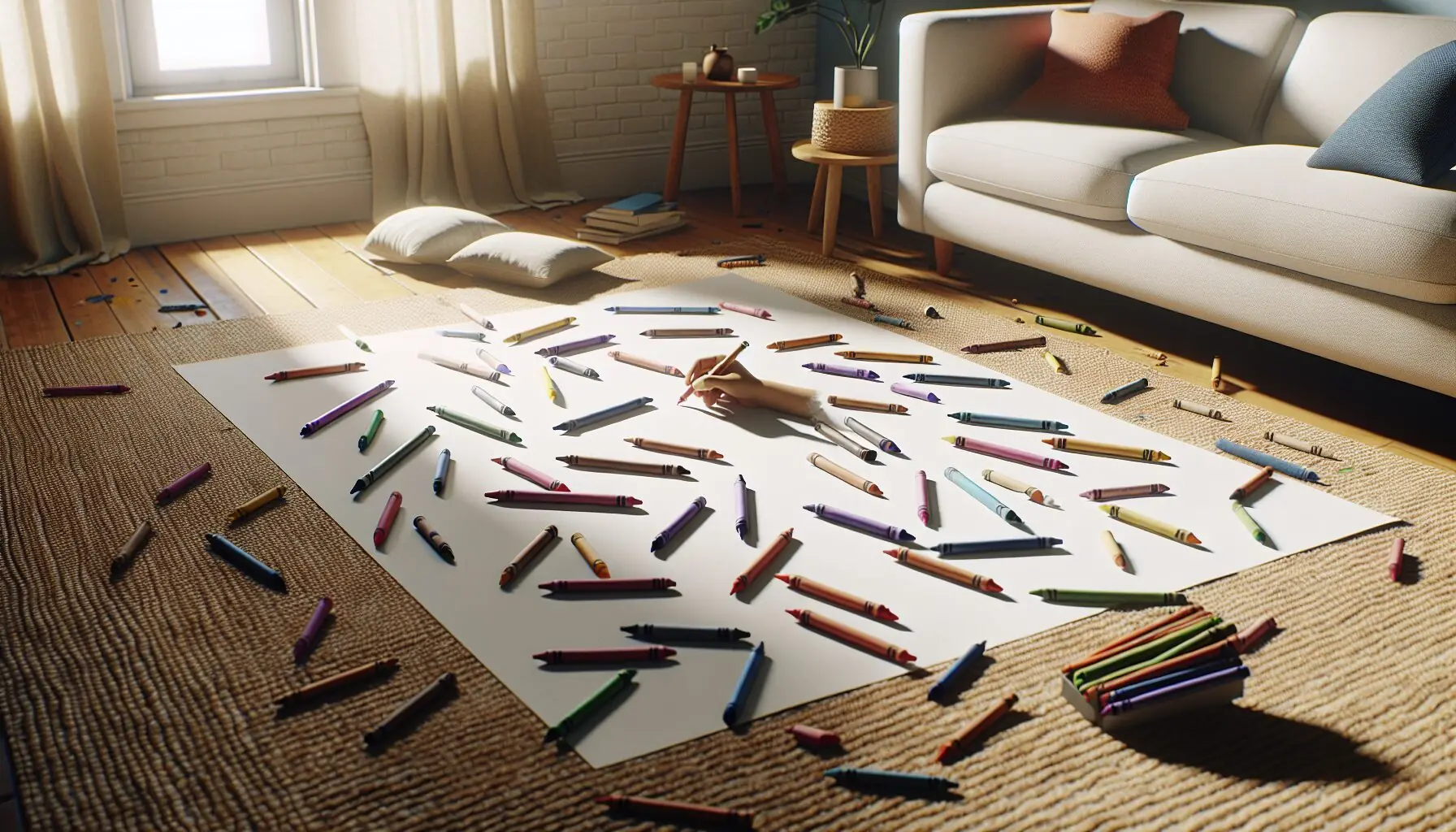 Generate an image of a family drawing sounds on a large sheet of paper, with colorful crayons scattered around.