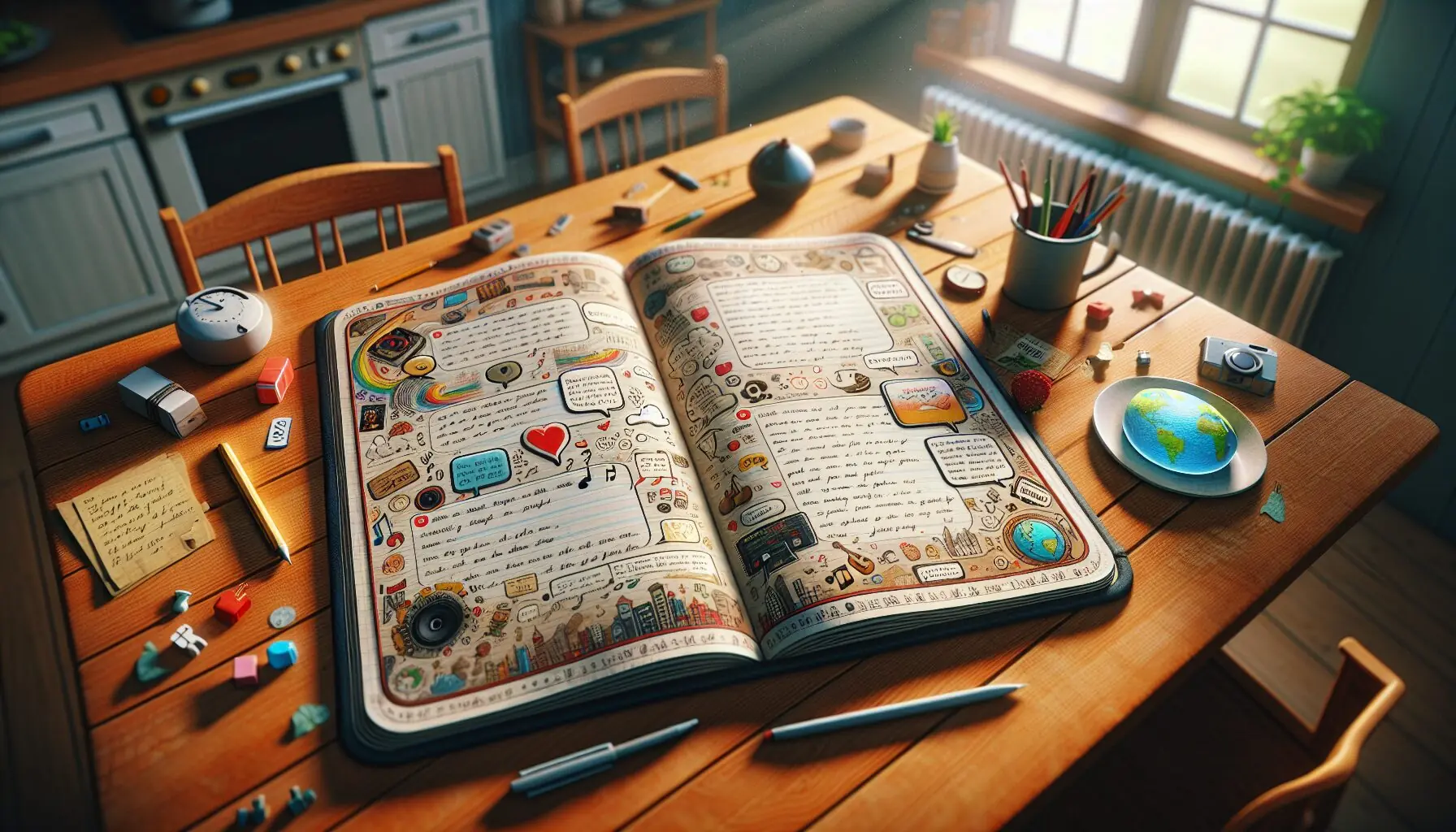 Illustrate a digital diary entry with doodles of music notes, globes, and speech bubbles with positive experiences.