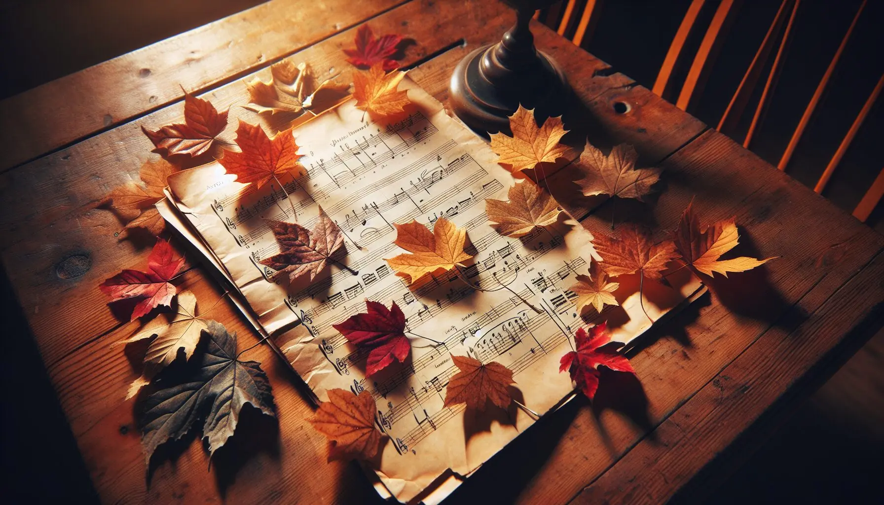 Generate an image of musical notes and leaves falling together, symbolizing the blend of music and nature.