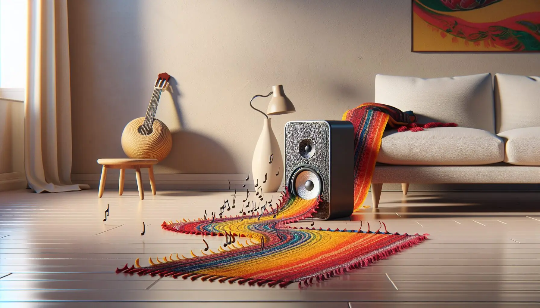 Generate an image of a small speaker playing music with musical notes floating around.