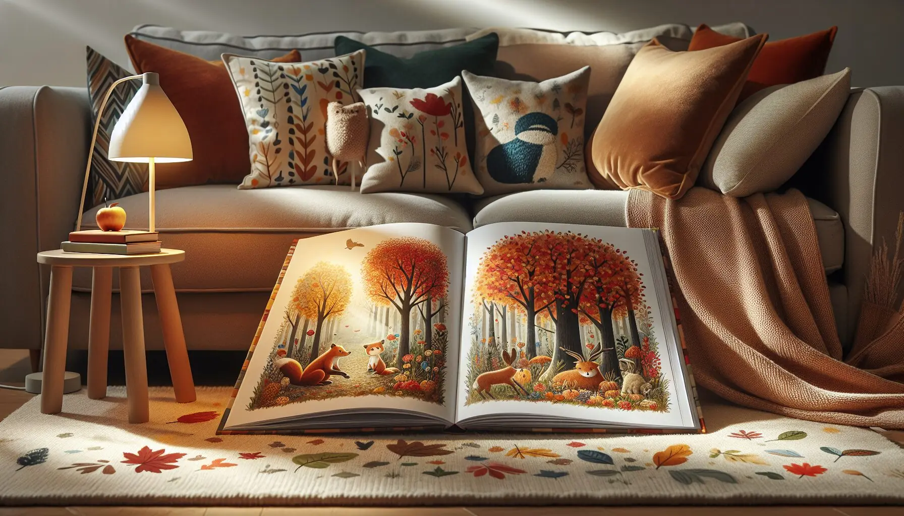 Generate an image of an open book with illustrations of autumn trees and animals under a soft lamp light.