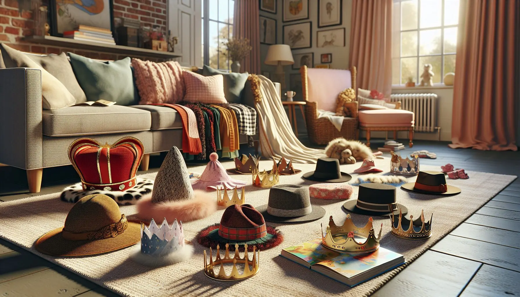 Generate an image of a playful collection of costumes: hats, scarves, and homemade paper crowns laid out on a rug.