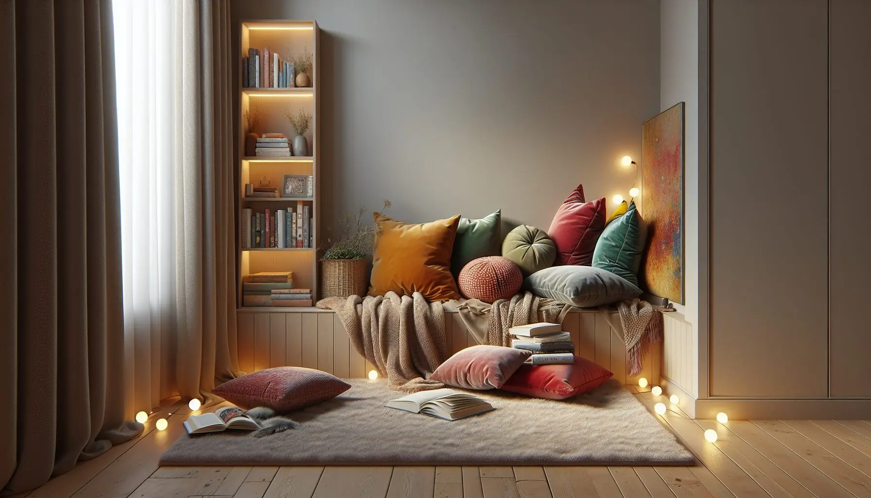 Generate an image of a cozy reading nook: a pile of cushions, a small bookshelf, and fairy lights in a living room corner.