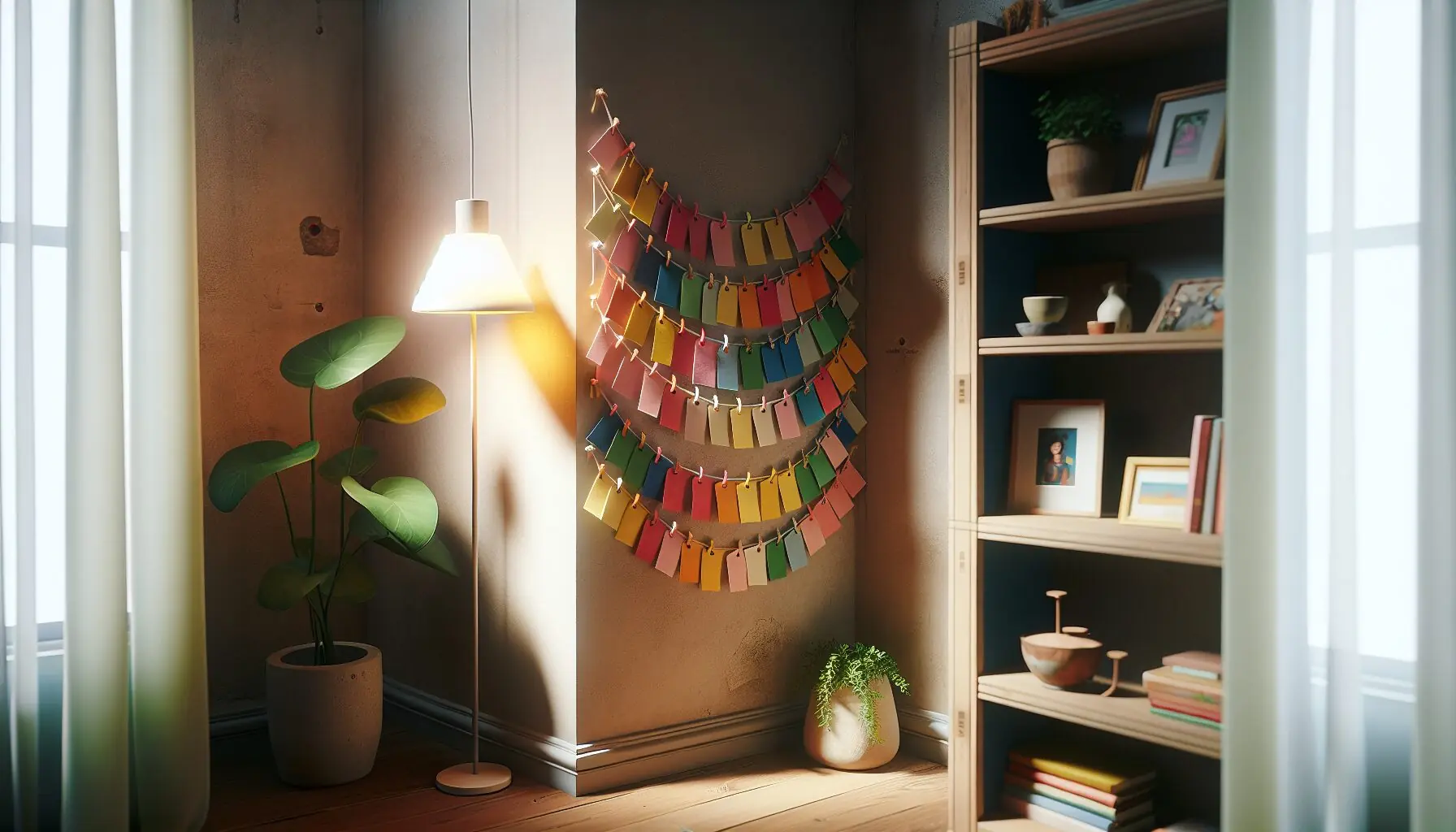 Generate an image showing a cozy room corner where a completed Gratitude Garland is displayed, notes fluttering gently.