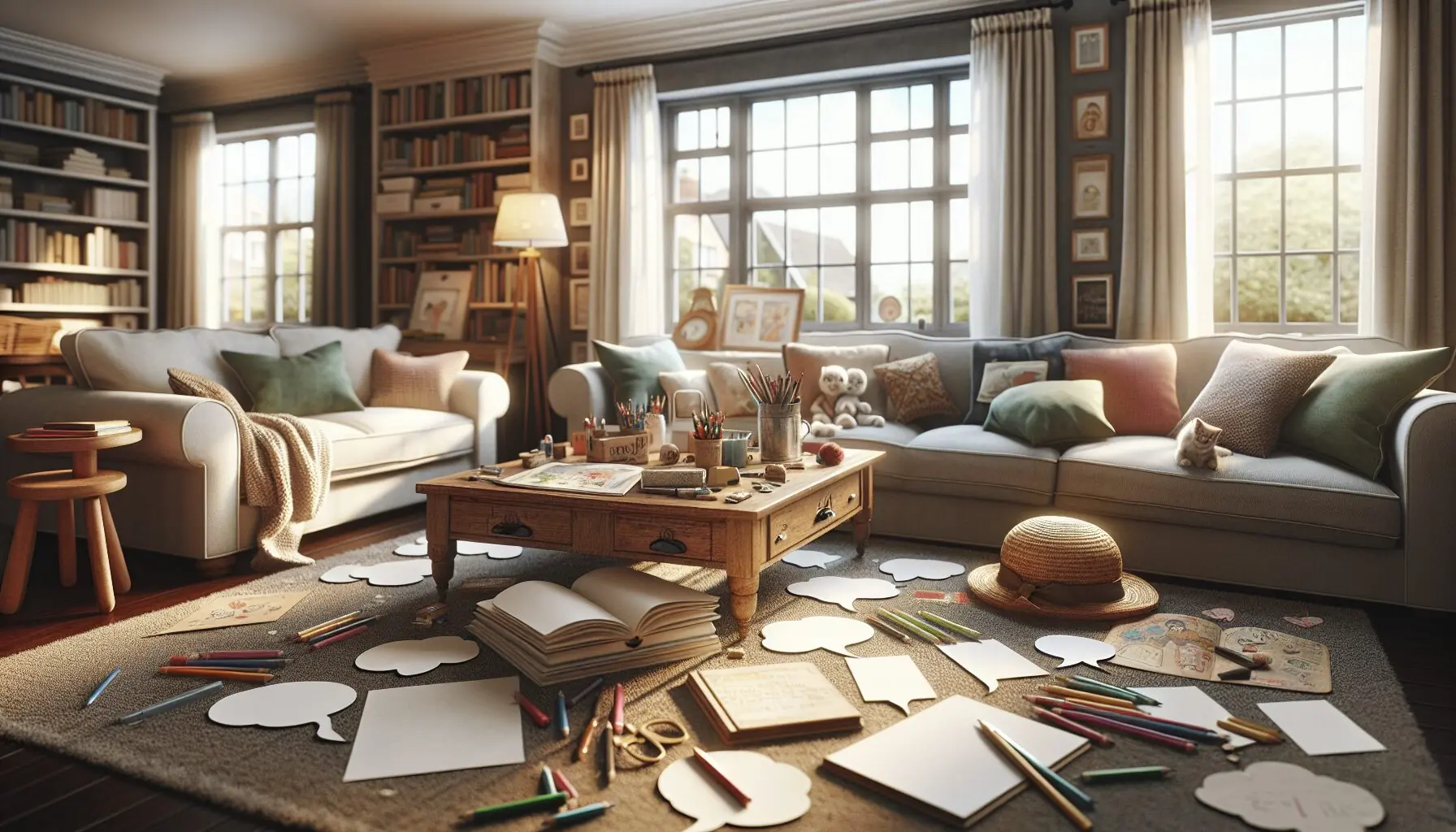 Generate an image of a family room with whimsical drawings indicating speech bubbles of kids sharing imaginative stories with each other.