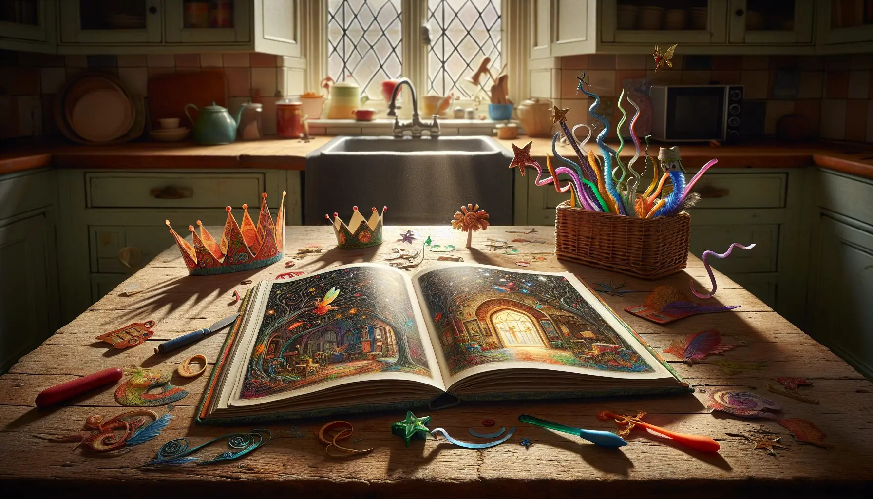 Generate an image of a colorful storybook with whimsical characters on a wooden table.