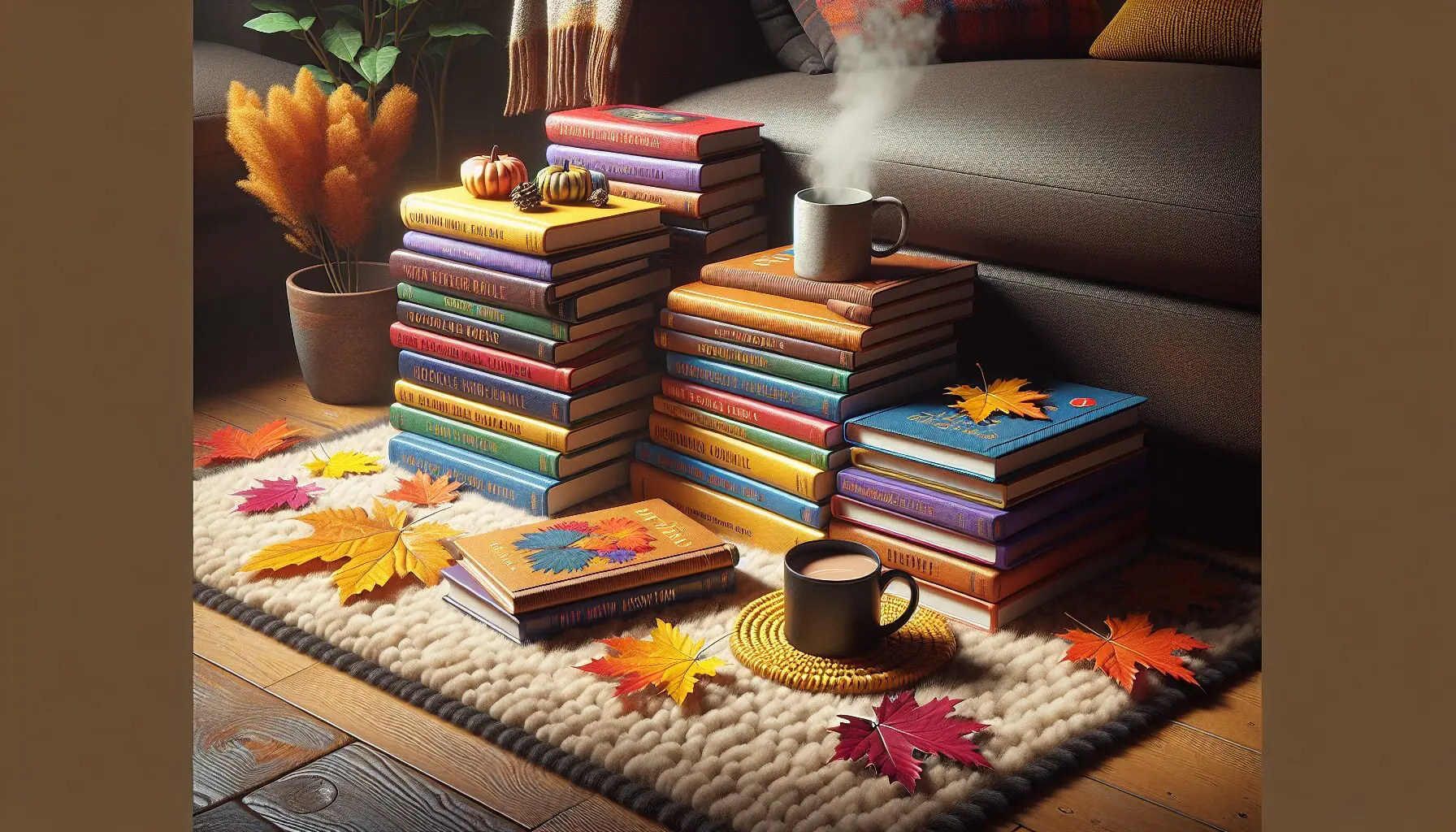 Generate an image of a stack of colorful autumn-themed books beside a steaming mug and autumn leaves.