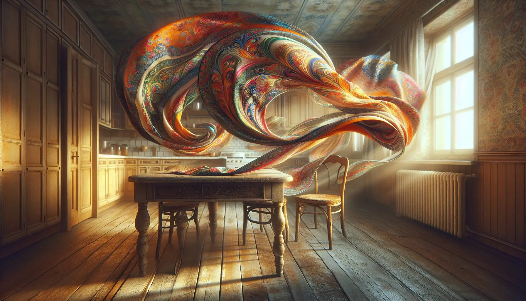 Generate an image of a colorful patterned scarf swirling in motion against a warm-toned background.