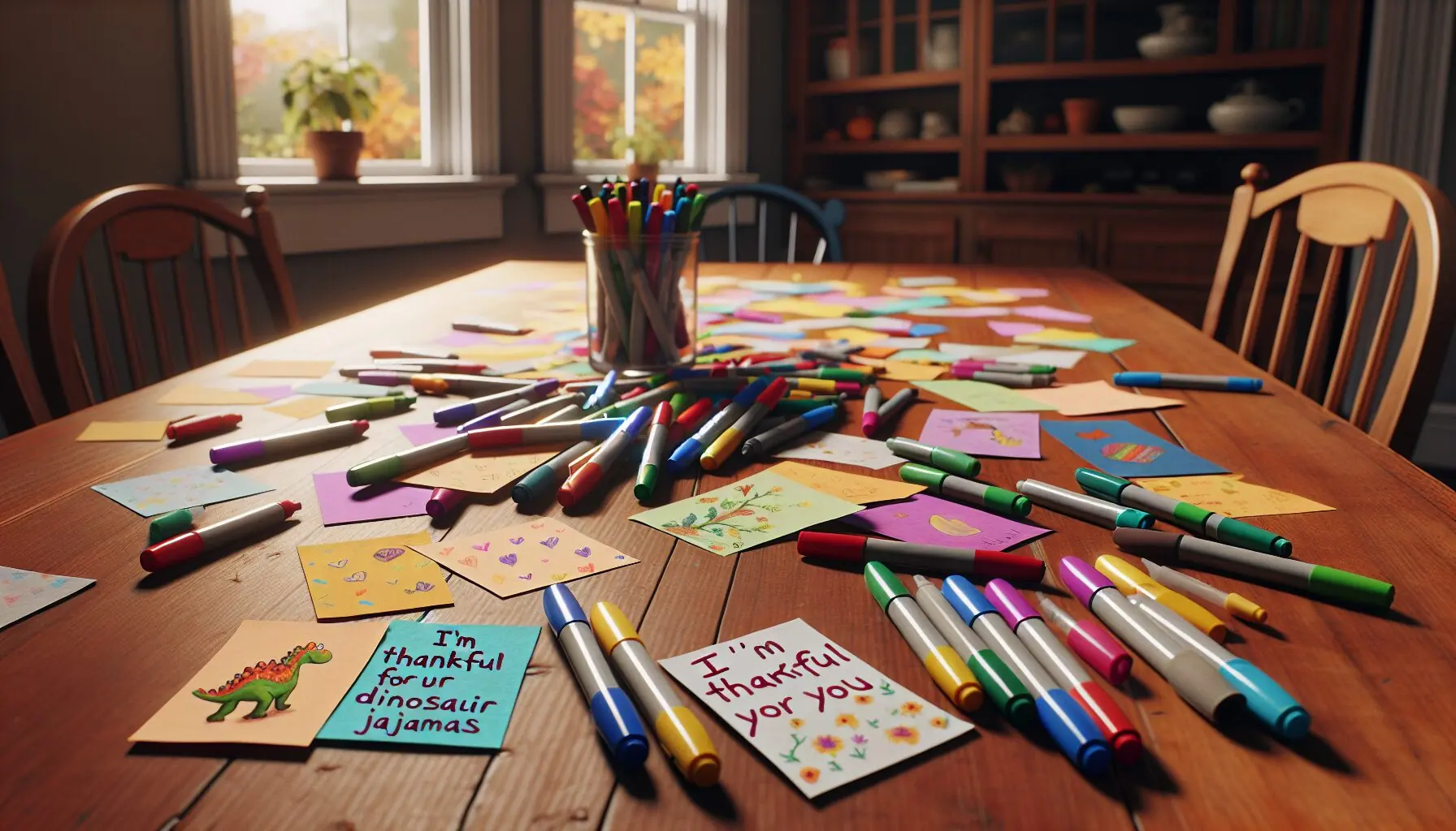 Generate an image of markers and gratitude cards with doodles and cheerful messages scattered on a table.