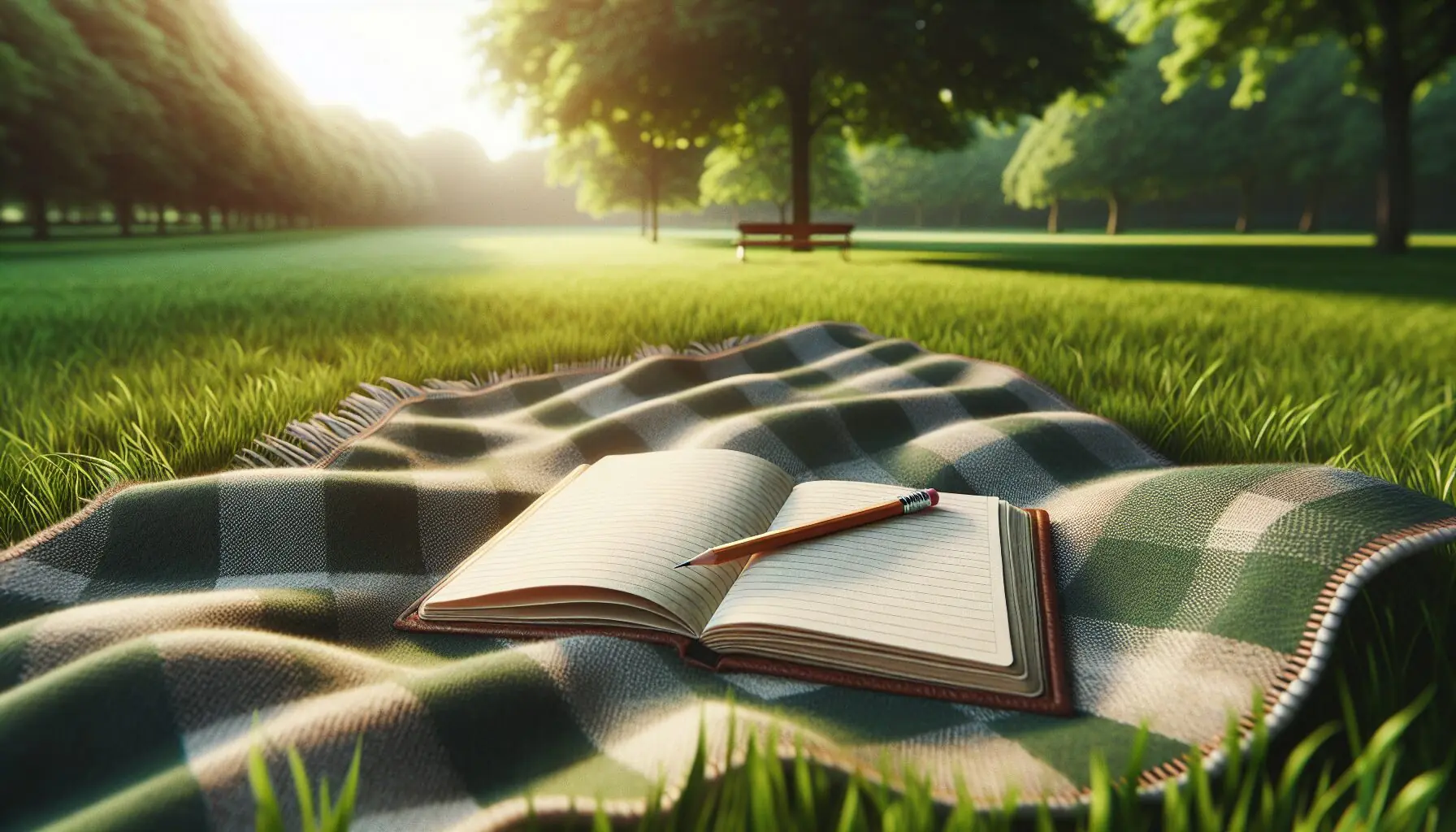 Generate an image of an open notebook and a pencil on a picnic blanket in a park setting.