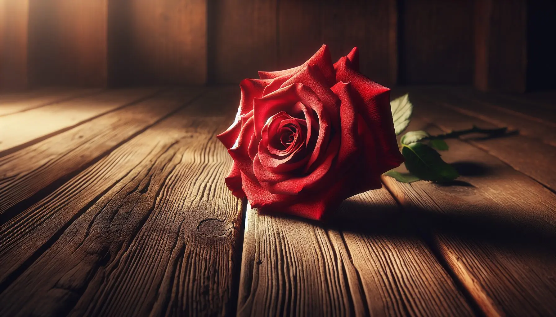 Generate an image of a vibrant red rose on wooden floorboards, suggesting Flamenco's dramatic flair.
