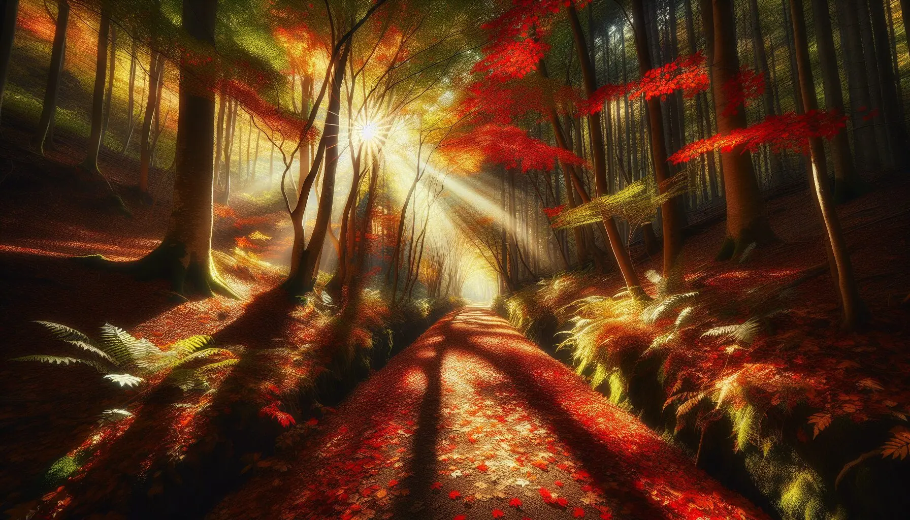 Generate an image of autumn leaves scattered on a forest trail, with sunlight shining through the trees.