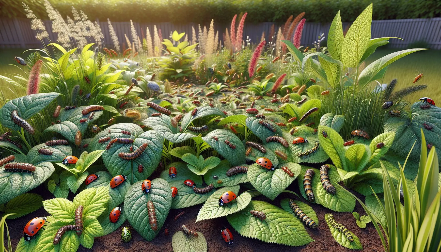 Generate an image of a variety of small bugs on leaves, showcasing diversity in nature.