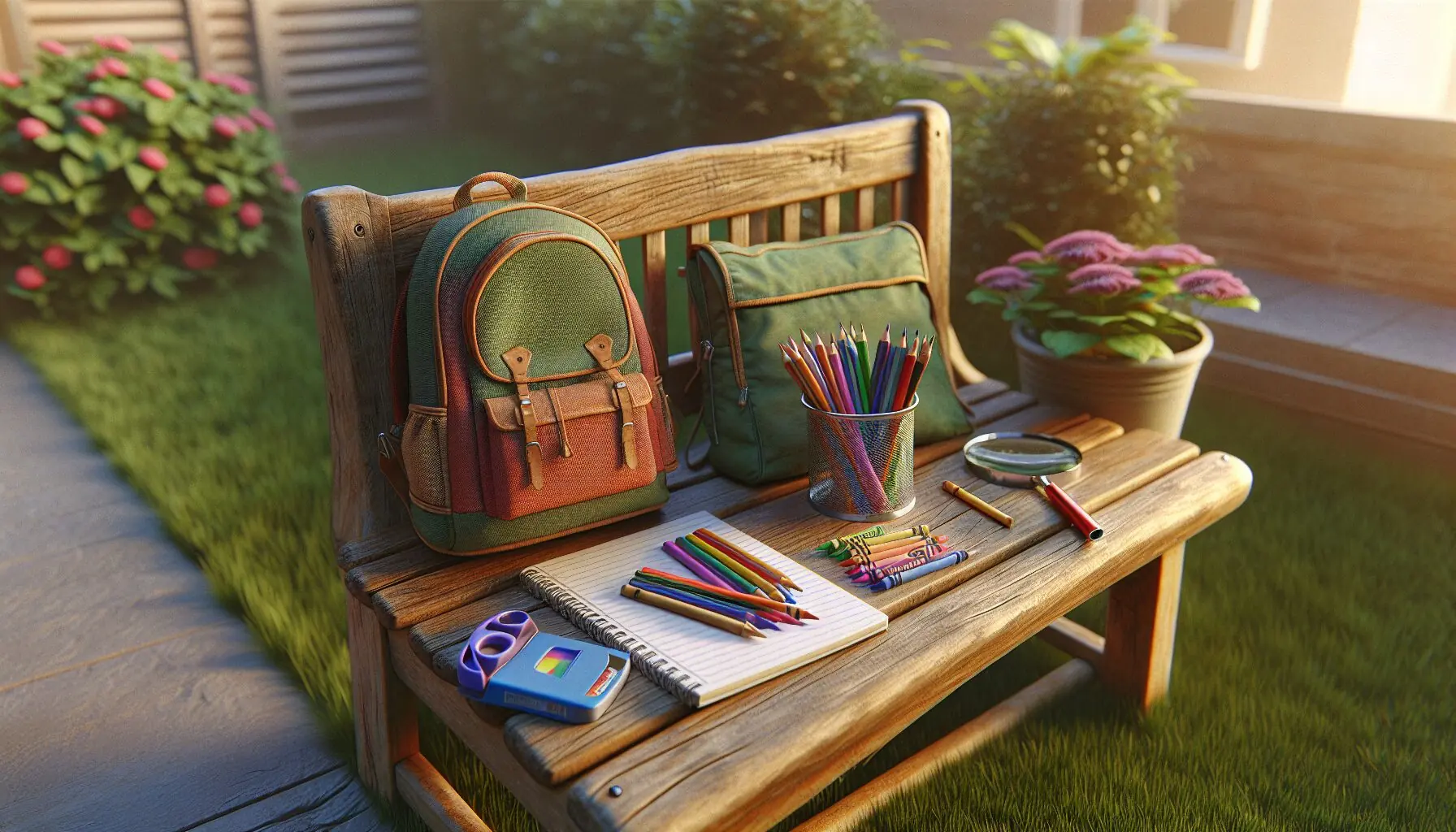 Generate an image of a children's backpack with a notepad, crayons, and a magnifying glass on a wooden bench.