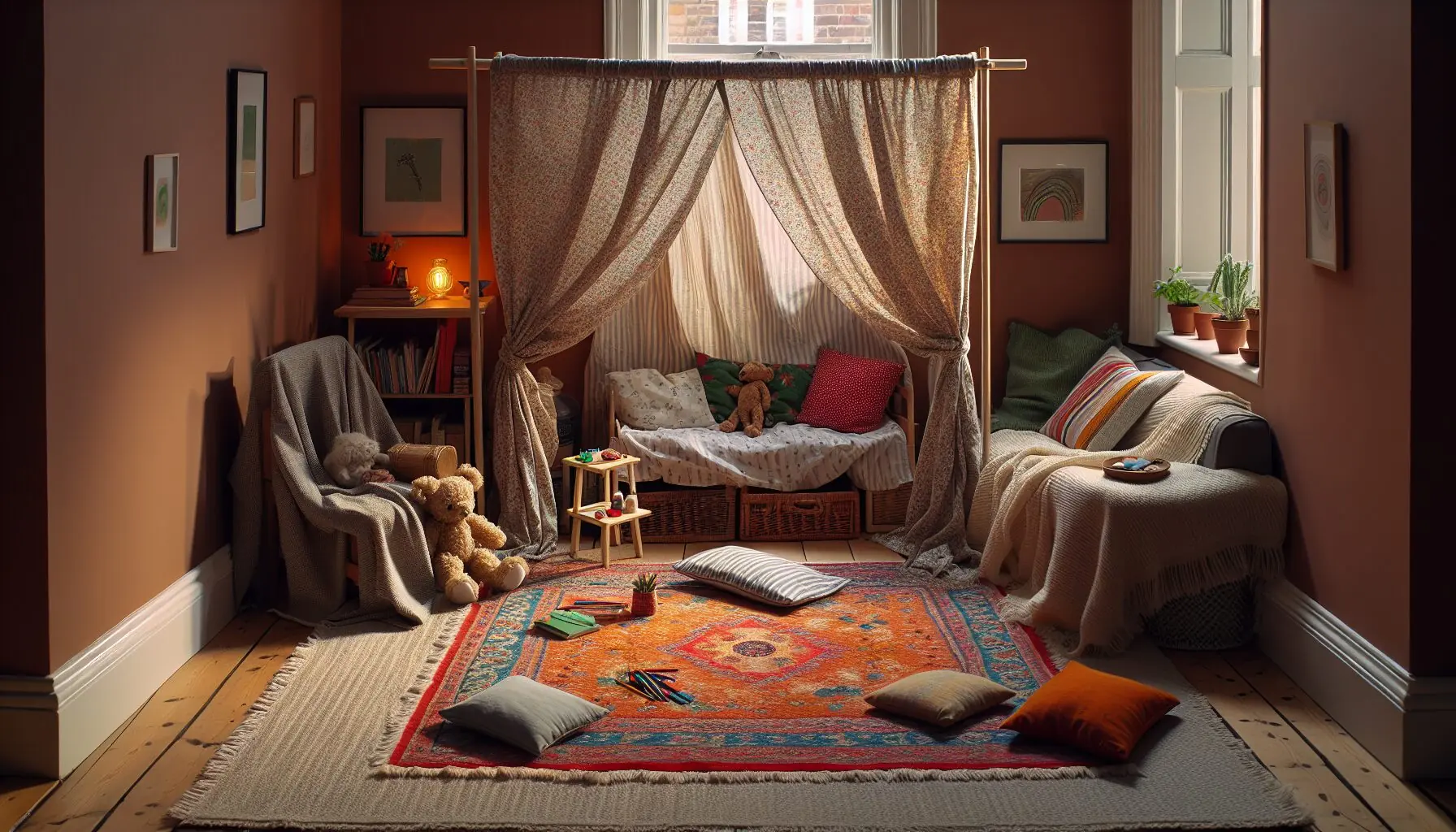 Generate an image of a child-sized stage area with curtains made from bed sheets in a cozy room setting.