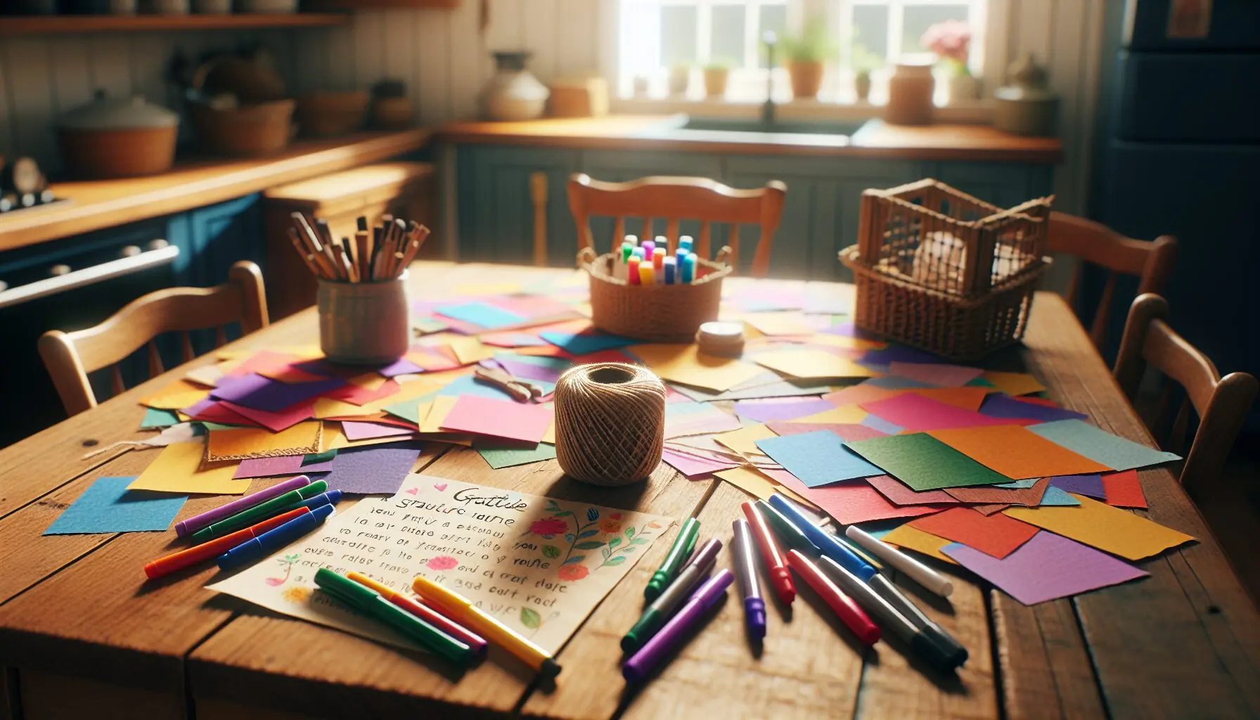 Generate an image of colorful craft supplies including papers, string, and markers laid out on a table.