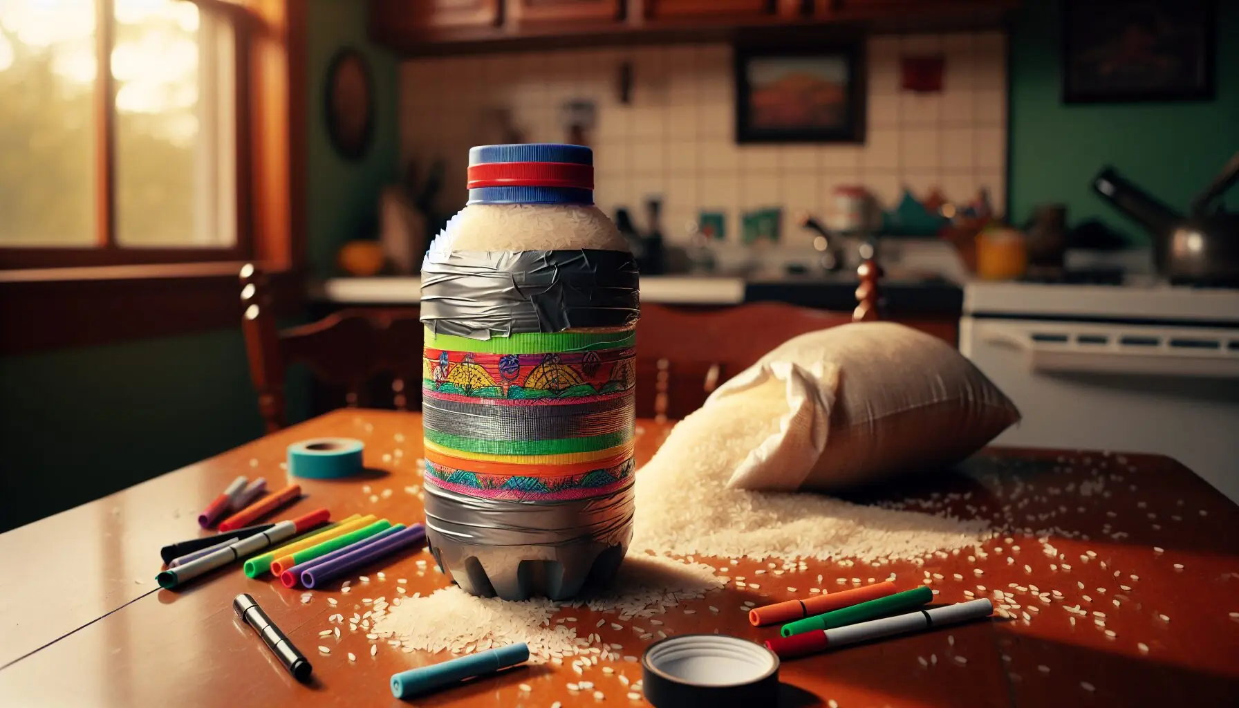 Generate an image of a homemade shaker with rice inside a decorated plastic bottle.