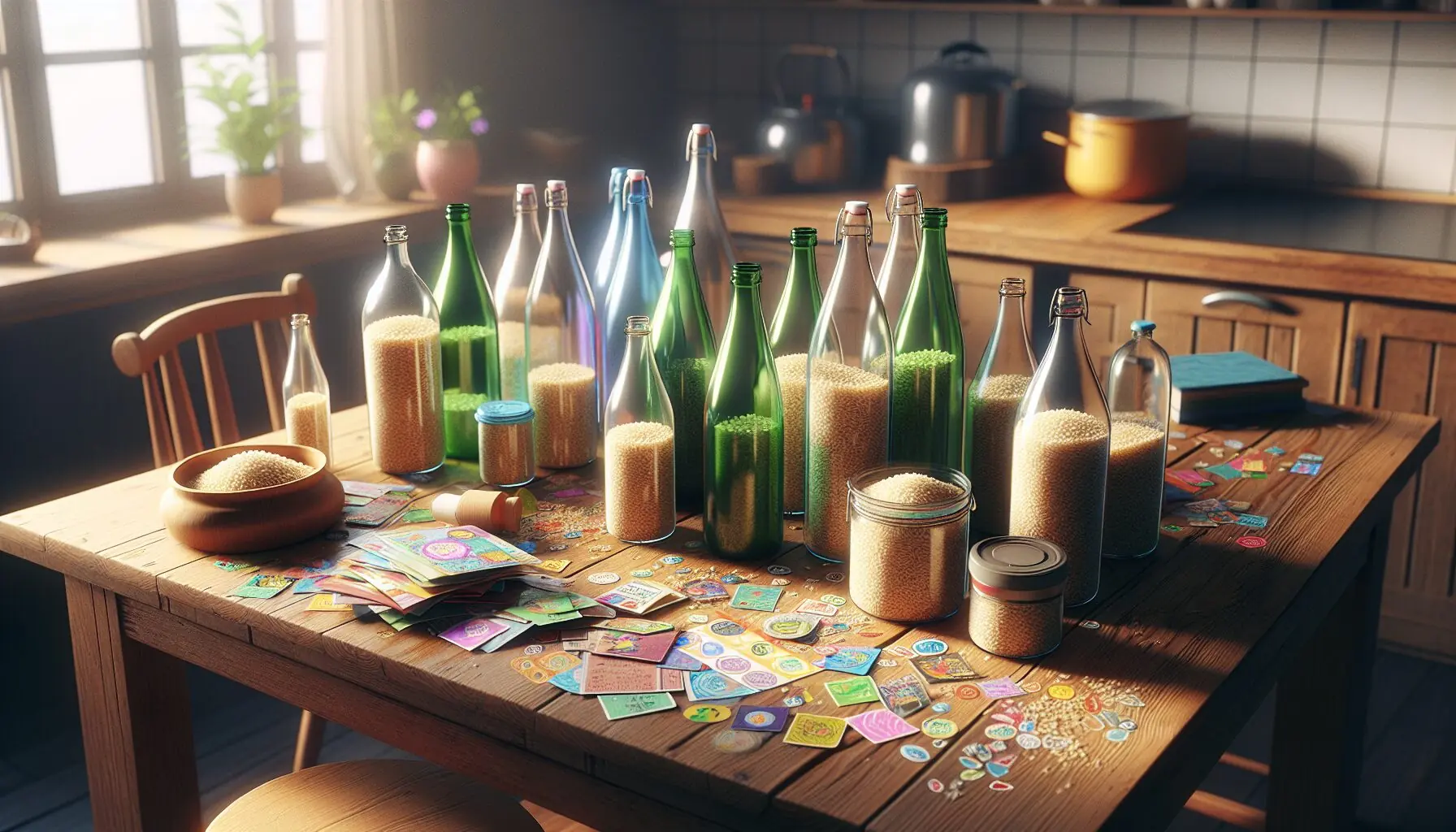 Generate an image of colorful plastic bottles, rice, and decorative stickers on a wooden table.
