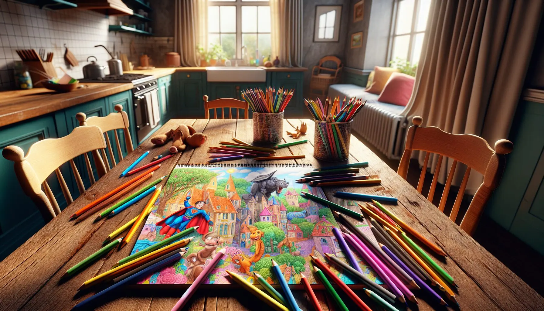 Generate an image of a child's colorful drawing pad and pencils on a table with doodles of brave scenes.