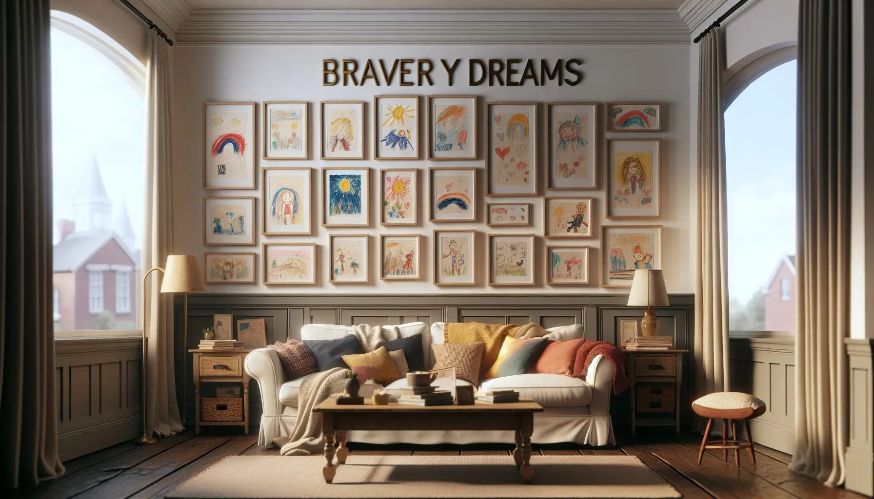 Generate an image of framed children's drawings titled 'Bravery Dreams' on a wall, showcasing varied imaginative scenes.