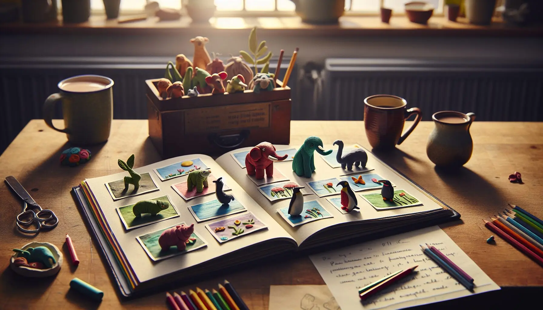 Generate an image of a family photo album page with snapshots of clay animal figures and handwritten notes about their habitats.