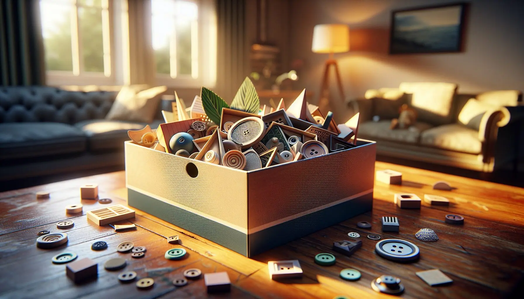 Generate an image of a shoebox filled with assorted items in geometric shapes, like buttons, leaves, and small books.