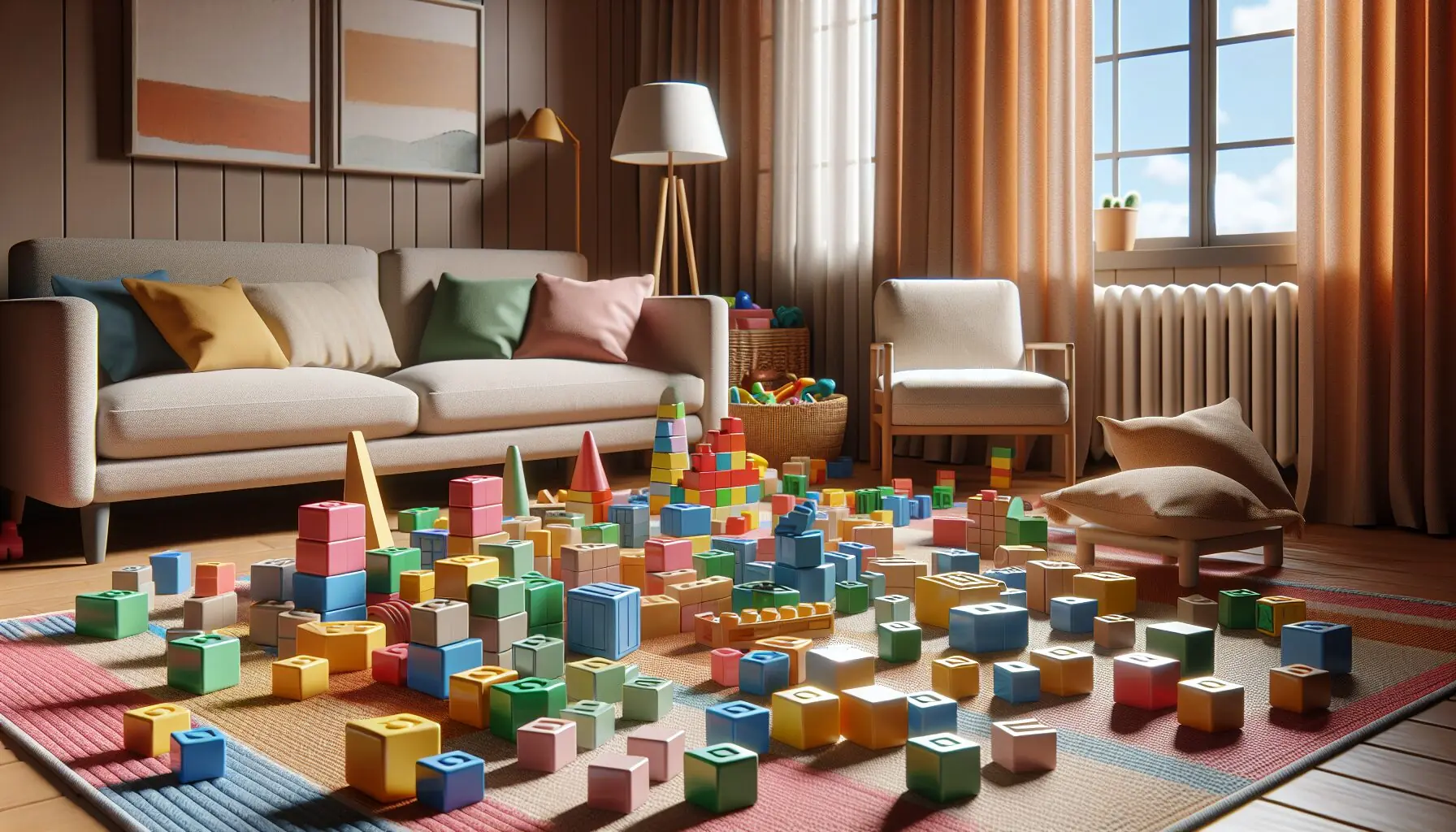 Generate an image of colorful building blocks forming different geometric shapes on a play mat, symbolizing development.