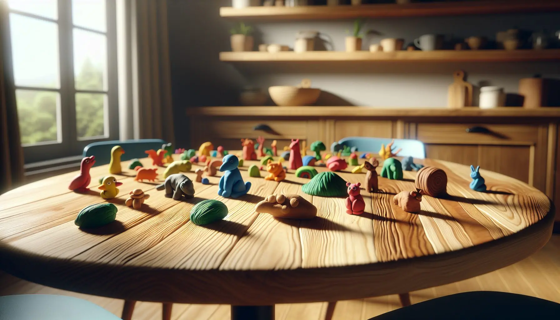 Generate an image of a colorful assortment of clay in various shapes on a table.