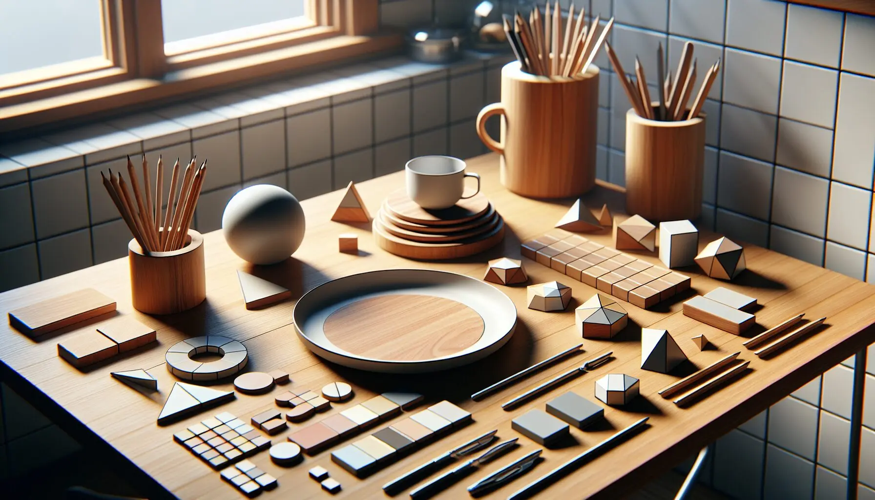 Generate an image of various household objects such as a round plate, square coasters, and triangular stationery items.