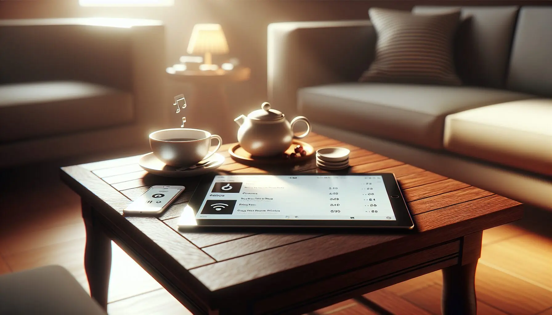 Generate a picture of a simple playlist interface on a tablet, showing cute musical notes.