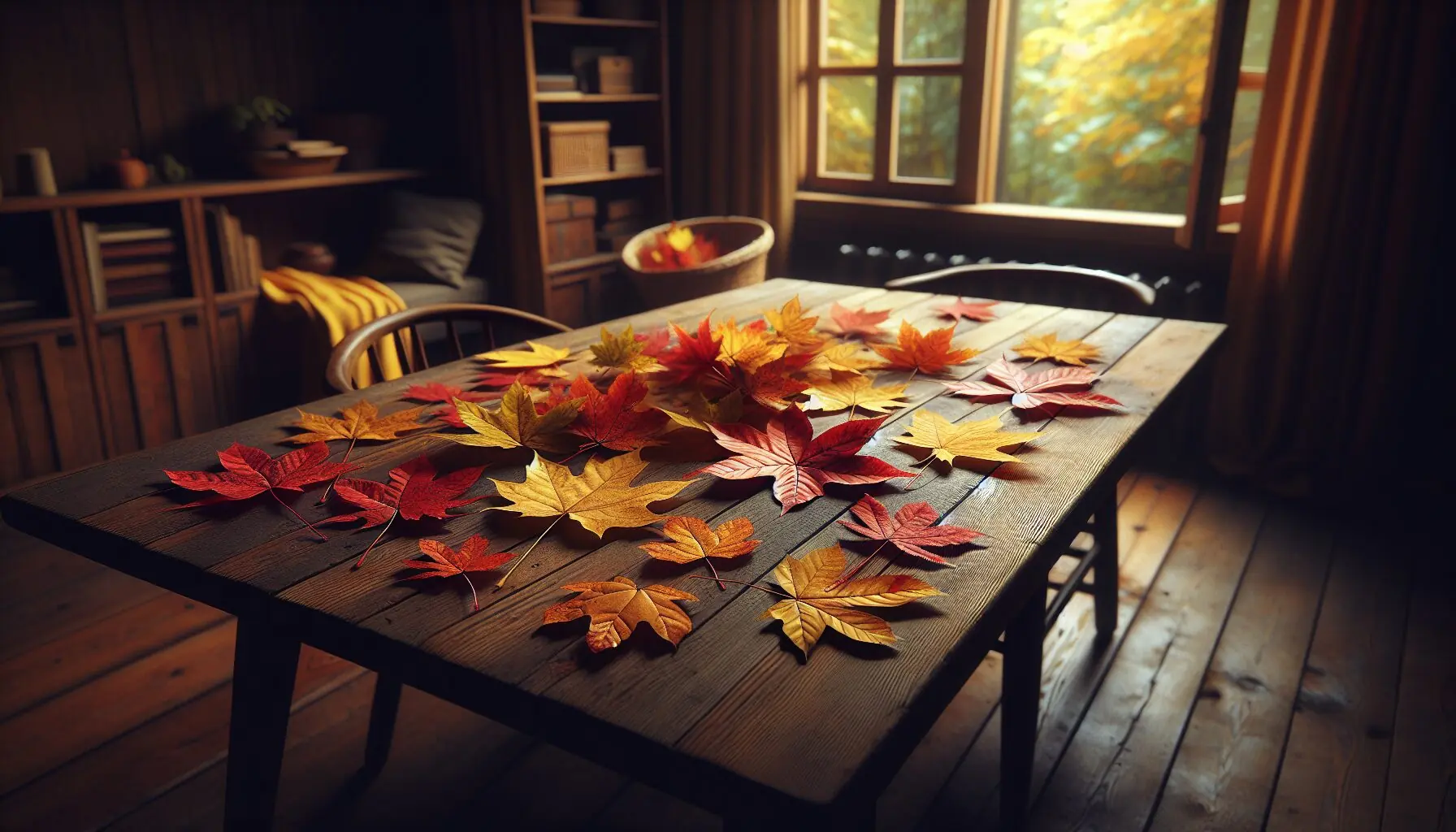 Generate an image of colorful autumn leaves scattered on a wooden table.