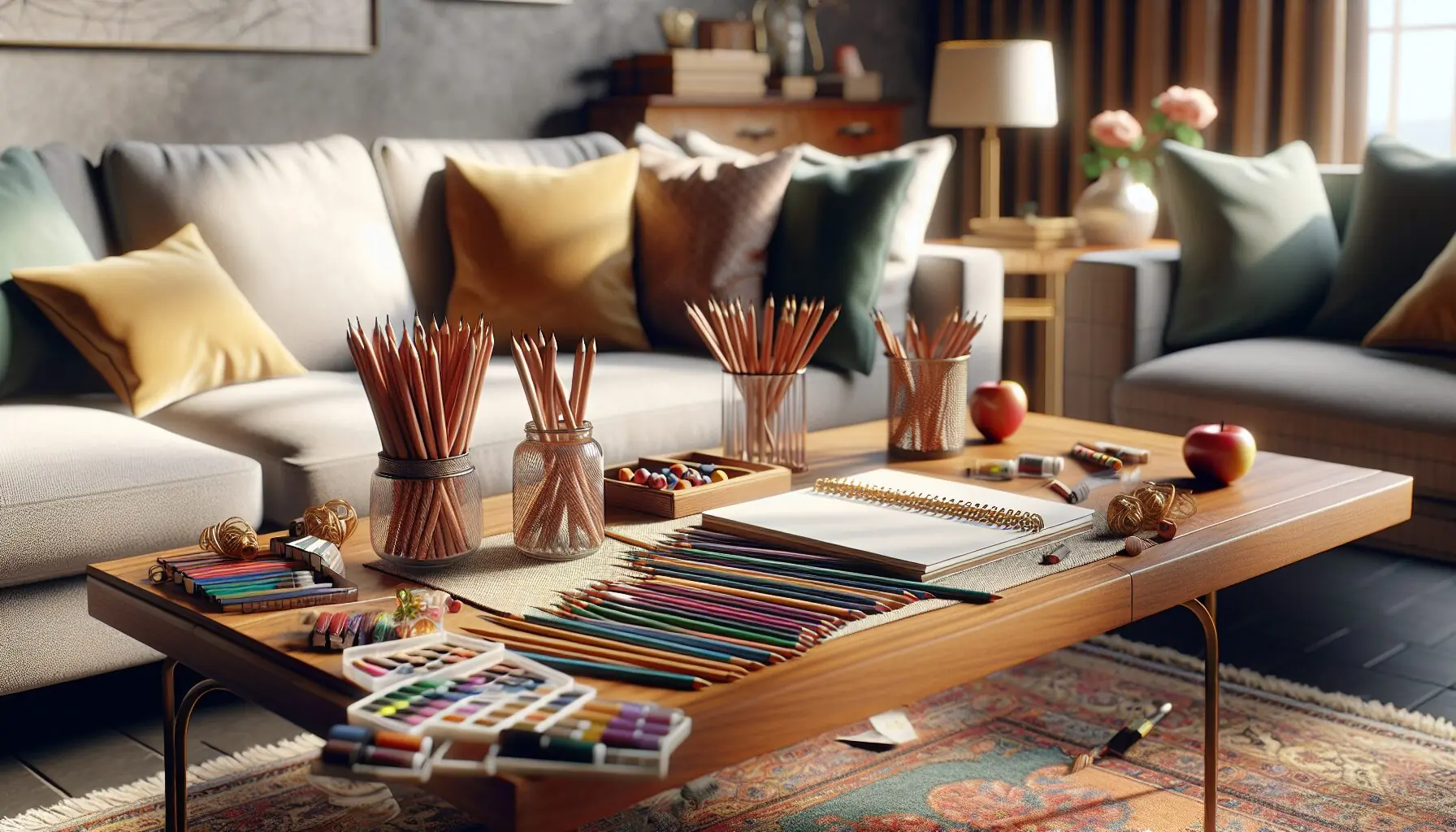 Generate an image of a cozy family setting with art supplies spread around, featuring a whimsical drawing scene.