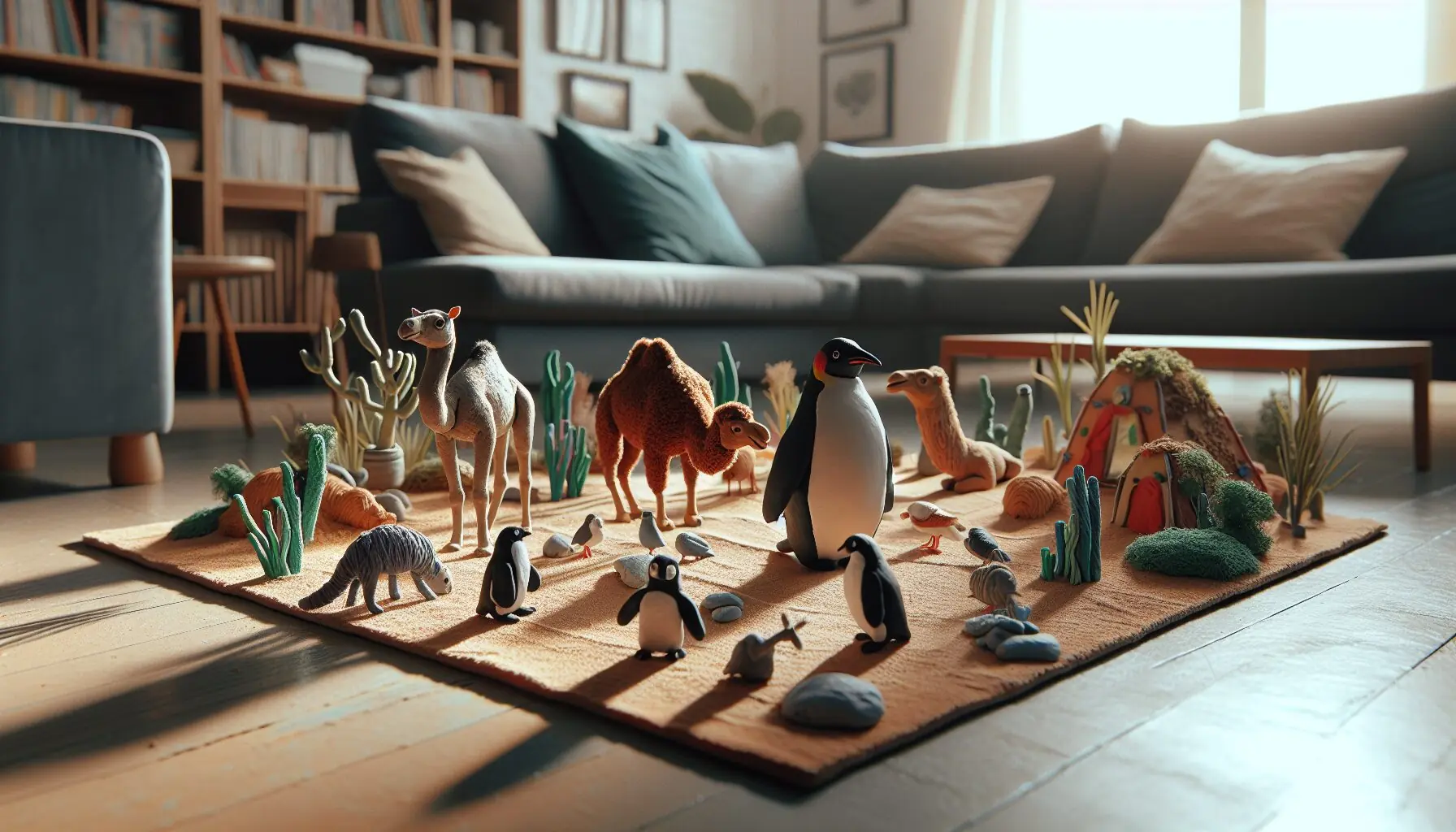 Generate an image of miniature clay animals on a textured play mat, surrounded by small crafted habitats.